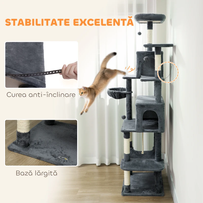 PawHut Arbore pentru pisici cu sisal, 202 cm înălțime, cu 6 stâlpi din sisal, 2 căsuțe, 2 hamace și un pat, gri