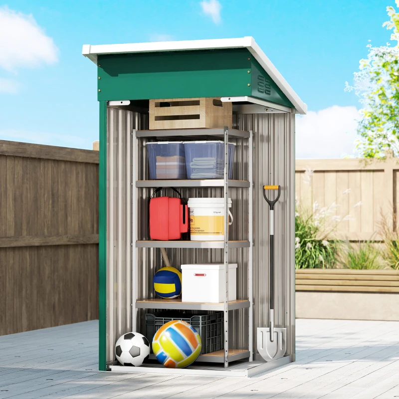 Outsunny Abrigo Exterior Metálico 107,5x91x185 cm Abrigo de Jardim com Teto Inclinado Porta com Trinco Ventilação e Luvas Verde