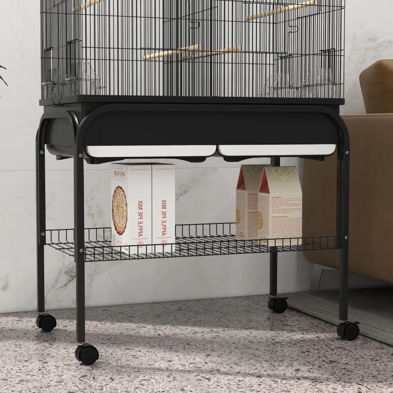 PawHut Colivie de interior pentru păsări cu tavă, raft și roți cu frână, 85x49x119 cm, negru