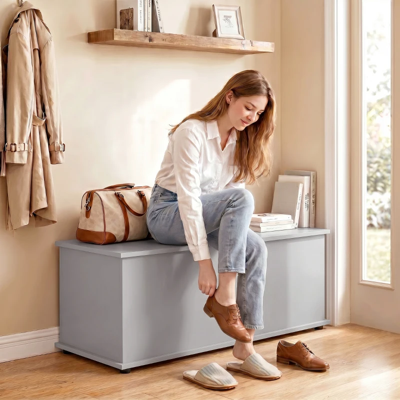 HOMCOM Coffre de rangement, banc de rangement avec couvercle rabattable et charnières de sécurité, 100 x 40 x 40 cm, gris