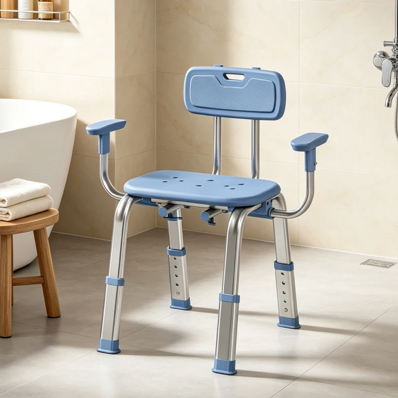 HOMCOM Cadeira de Duche para Pessoas Idosas com Apoio de Braços Ajustável Antideslizante e Altura Ajustável 60-70x52x62-72 cm Azul