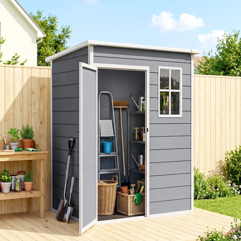 Outsunny Abrigo de Jardim 1,14 m² 151x92x193 cm Abrigo de Exterior Metálico com Chão Porta de Correr Janela e Teto Inclinado Cinzento