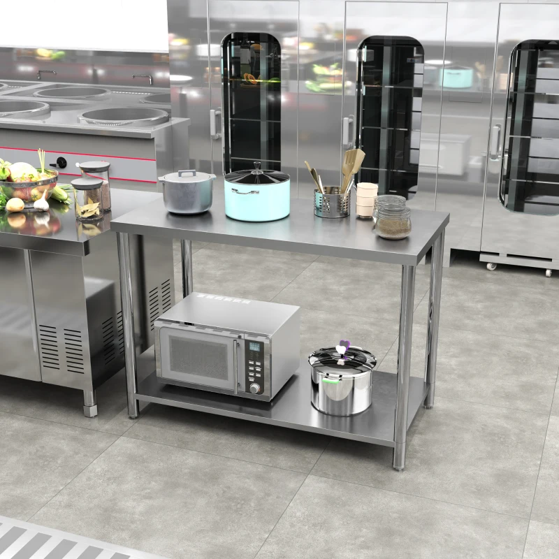 HOMCOM Mesa de Trabajo de Acero Inoxidable con 2 Estantes para Cocina Garaje Taller Carga 100 kg 120x60x86 cm Plata