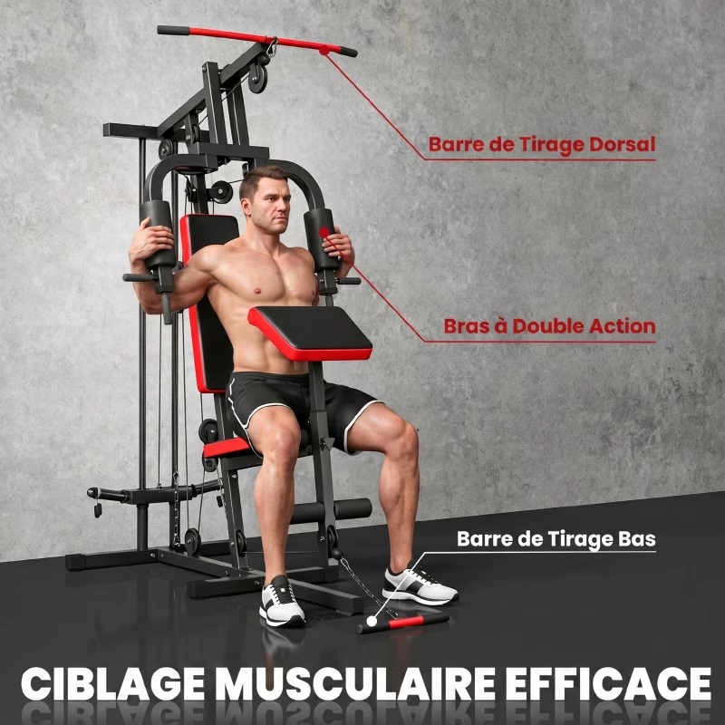 SPORTNOW Station de Musculation Multifonction à Disques Libres, avec Banc Amovible, 136x107x205cm, Noir et Rouge
