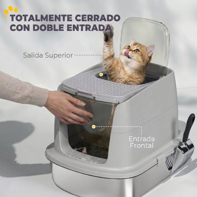PawHut Arenero para Gatos de Acero Inoxidable L con Tapa Abatible Pala Metálica Bolsa Desodorizante Fácil Limpiar Gris Claro