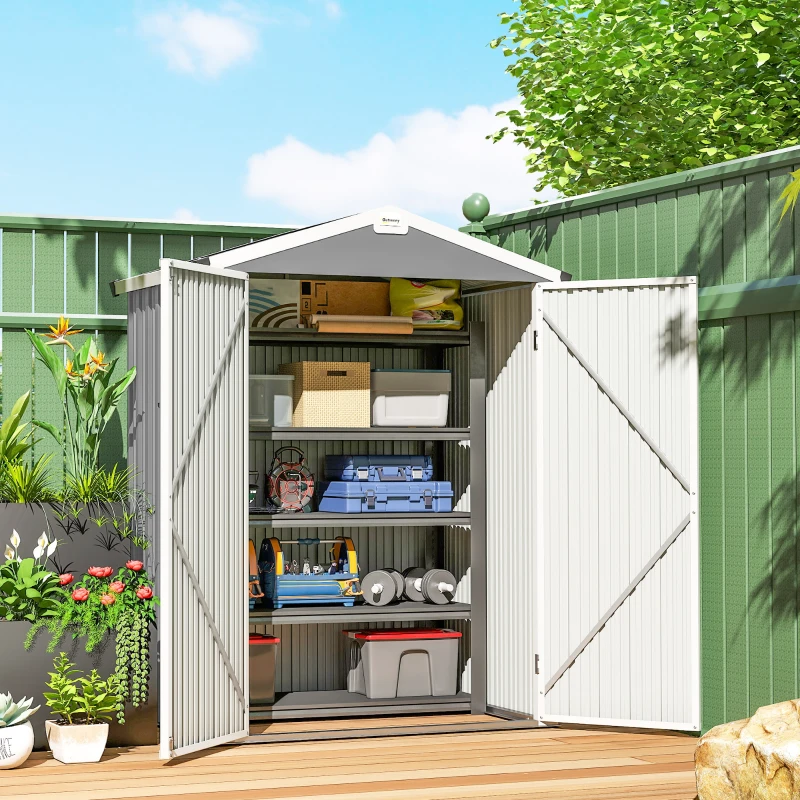 Outsunny Cobertizo de Jardín Exterior 1,1 m² 133x87x178 cm con 2 Puertas Abatibles Techo a Dos Aguas y Guantes Gris Plateado