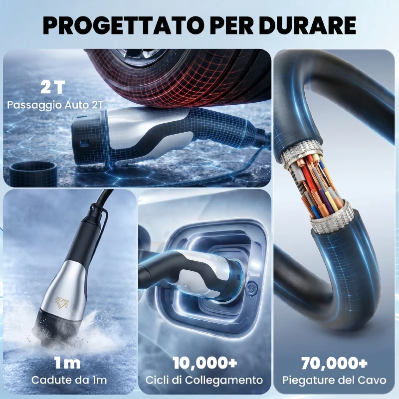 HOMCOM Cavo Ricarica EV Tipo 2, 22kW, 32A, Modalità 3, Trifase, 5m