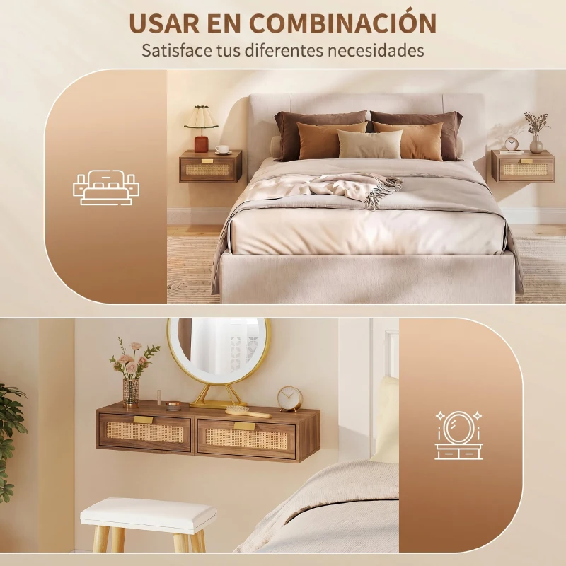 HOMCOM Juego de 2 Mesitas de Noche Flotantes con Cajón de Ratán Ahorra Espacio Diseño Moderno 40x30x15 cm Natural