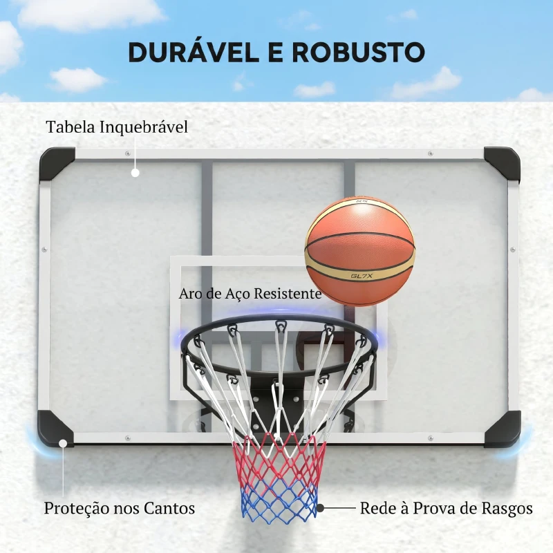 SPORTNOW Tabela de Basquetebol de Parede com Aro, Rede e Estrutura em Aço para Exterior, 113x61x73 cm, Branco e Preto