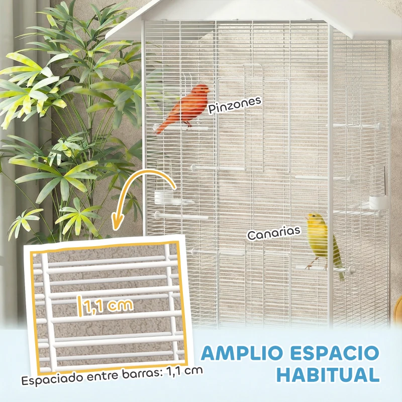 PawHut Jaula para Pájaros con Ruedas 79x65x155 cm Jaula Grande con 2 Comederos 8 Perchas y Bandeja Extraíble Blanco