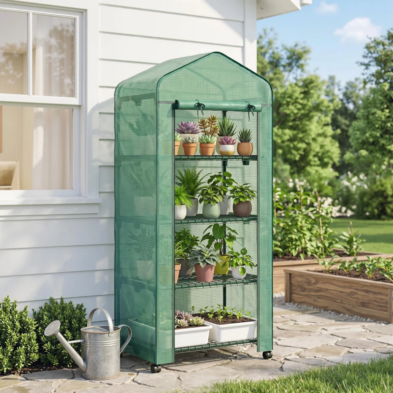 Outsunny Invernadero de Exterior con 4 Estantes Ruedas Puerta Enrollable Cubierta de PE y Marco de Acero 69x50x165 cm Verde