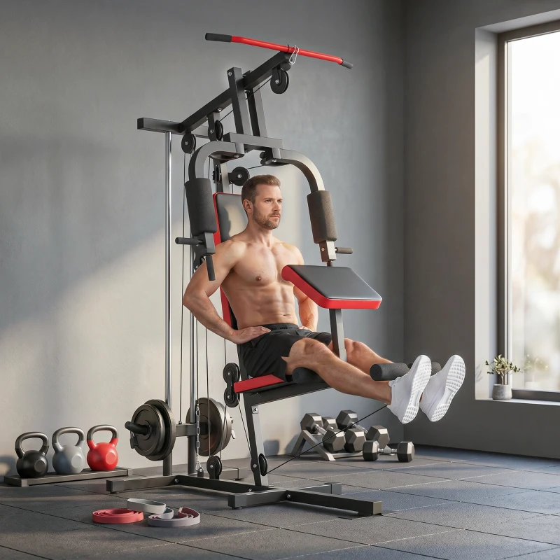 SPORTNOW Station de Musculation Multifonction à Disques Libres, avec Banc Amovible, 136x107x205cm, Noir et Rouge