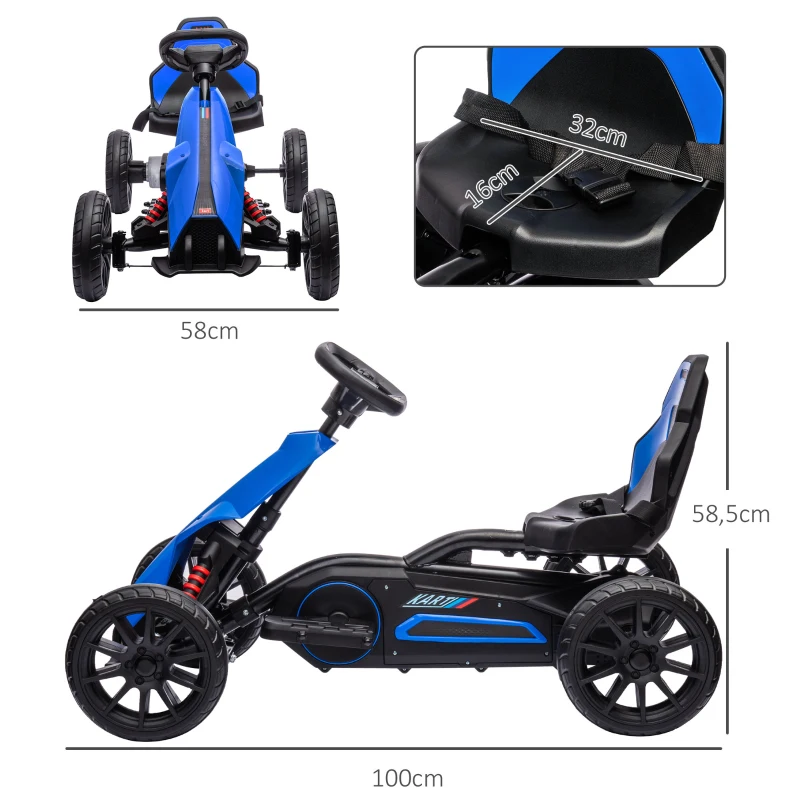 HOMCOM Go Kart Elétrico para Crianças Kart a Bateria 12V Velocidade Ajustável 3-5 km/h e Cinto de Segurança 100x58x58,5 cm Azul