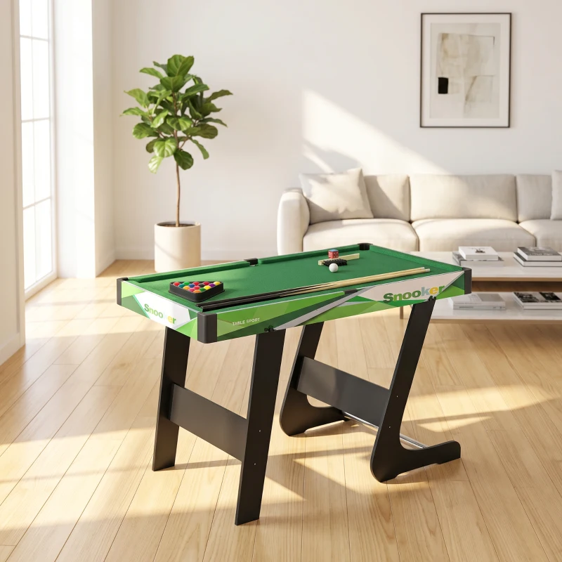 SPORTNOW Table de billard pliable avec accessoires 2 queues, 16 billes, traingle, craie, dim. 104L x 55,5l x 68H cm, tapis vert