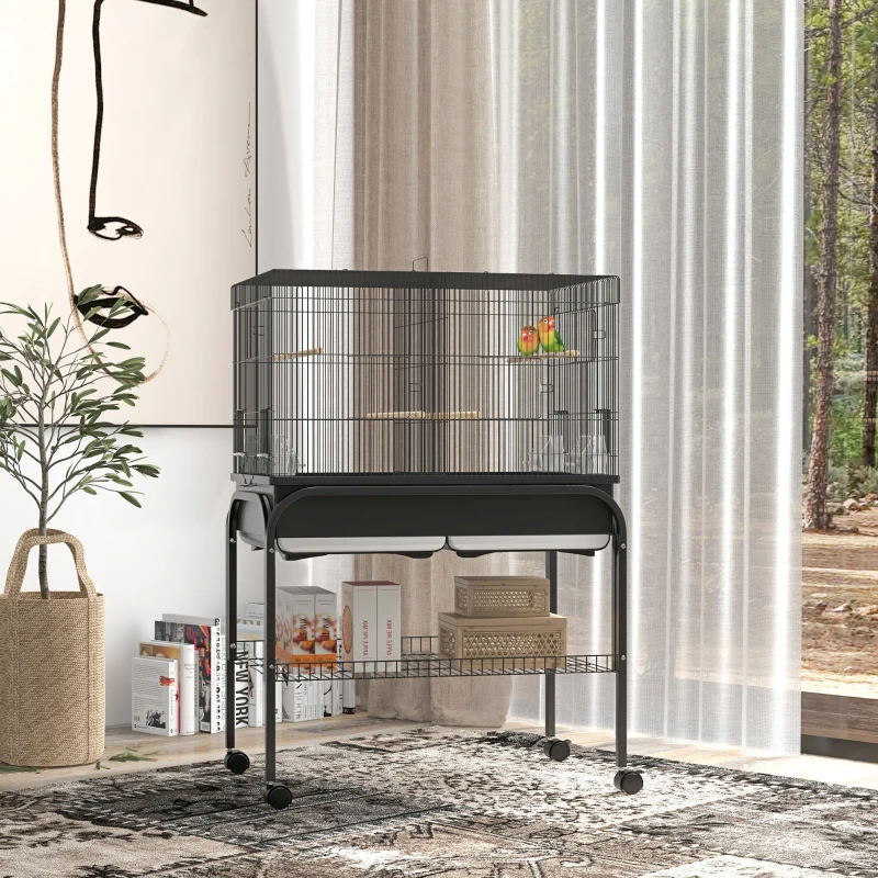 PawHut Colivie de interior pentru păsări cu tavă, raft și roți cu frână, 85x49x119 cm, negru