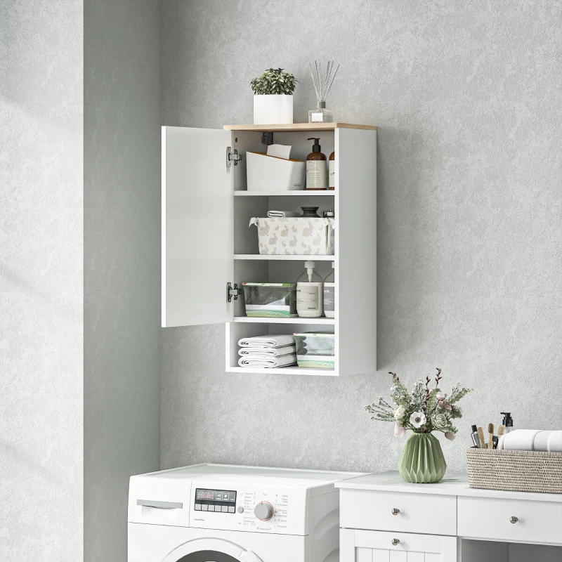 HOMCOM Pensile de Casa de Banho, Móvel Salvaspaço Suspenso com Porta, 3 Prateleiras e Compartimento Aberto, 2 Prateleiras Reguláveis, Sem Puxadores, Branco