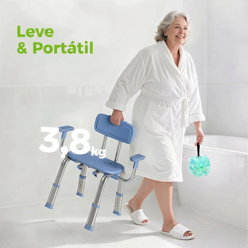 HOMCOM Cadeira de Duche para Pessoas Idosas com Apoio de Braços Ajustável Antideslizante e Altura Ajustável 60-70x52x62-72 cm Azul
