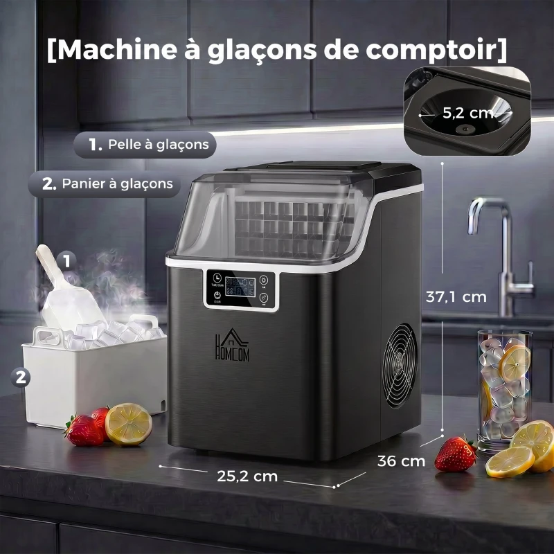 HOMCOM Machine à glaçons, 20 kg en 24h, 24 glaçons en 14-18 min, ice maker avec fonction autonettoyante, 25,2x36x37,1cm, noir