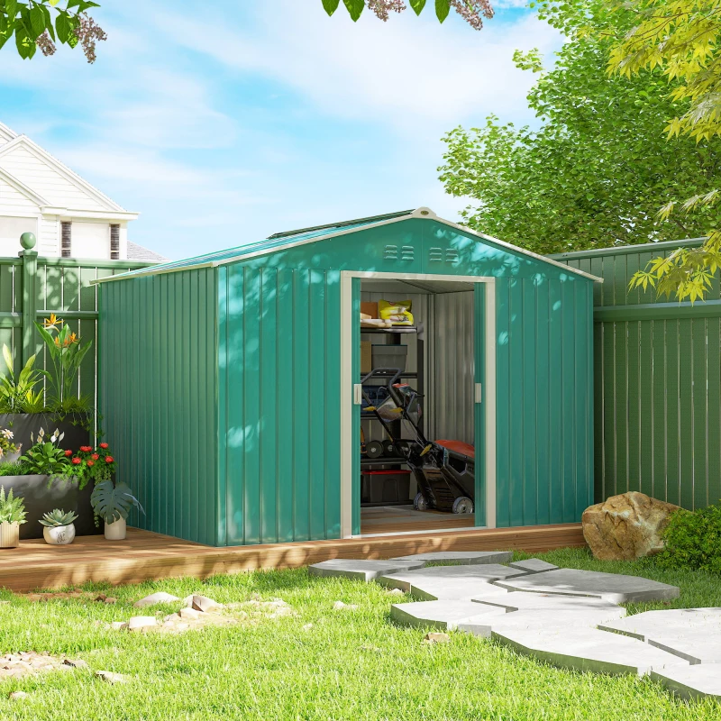 Outsunny Cobertizo de Jardín 4,9 m² 277x195x192 cm con 2 Puertas Corredizas Techo Inclinado y 4 Ventanas Verde