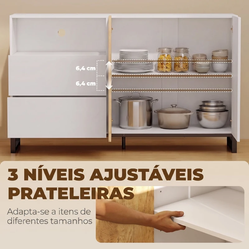 HOMCOM Aparador para Sala com 2 Portas, 2 Gavetas, Nicho Aberto e Prateleira Ajustável 140x40x85 cm Branco e Carvalho