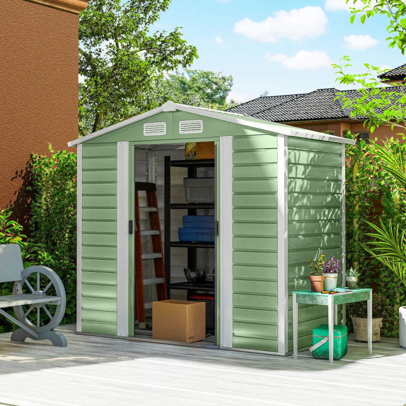 Outsunny Cobertizo Metálico para Jardín 213x120x166/194 cm con Base Refuerzo Puertas Correderas y Ventilaciones Verde Claro