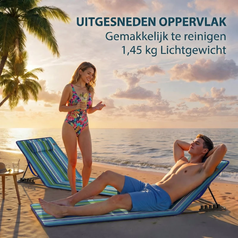 Outsunny 2-delige set strandligstoel met verstelbare rugleuning, lichtgewicht opvouwbaar met kussen en opbergvak