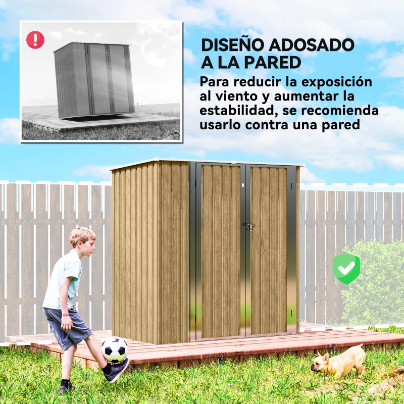 Outsunny Cobertizo de Jardín Exterior Metálico 1,37 m² 163x89x163 cm con Techo Inclinado, Puertas con Pestillo y Guantes Marrón
