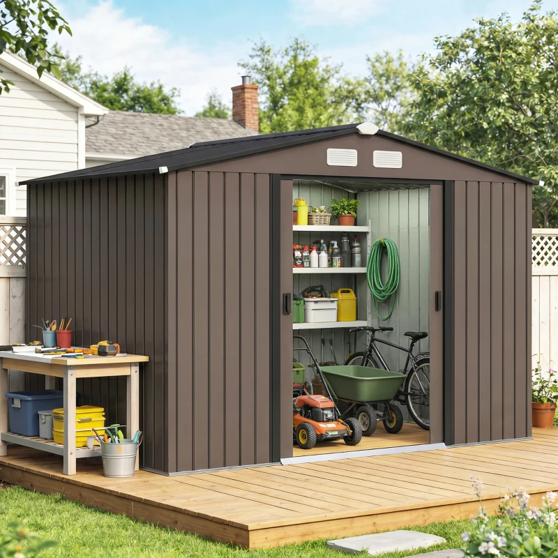 Outsunny Abrigo de Jardim 277x195x192 cm  Metálico para Armazenamento de Ferramentas com Base de Reforço Incluída Madeira
