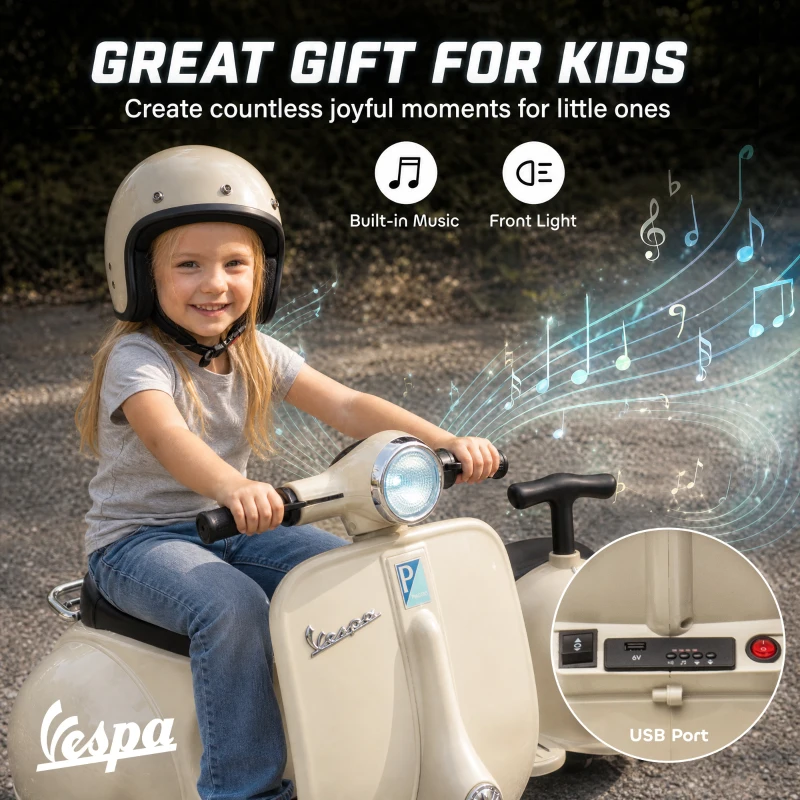 AIYAPLAY Moto Électrique Enfants sous Licence VESPA 6V 2 Places, Vitesse 3-5 Km/h, Démarrage Progressif, Crème