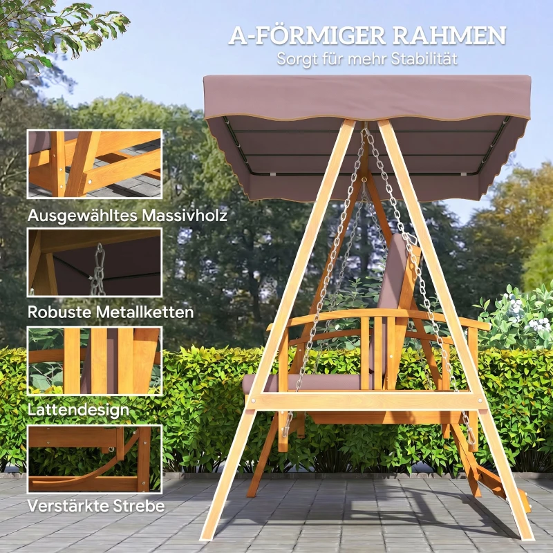 Outsunny Hollywoodschaukel mit Sonnendach, Echtholz-Gartenschaukel, Schaukelbank mit Liege-Funktion, für 3 Personen, Braun(m-6)
