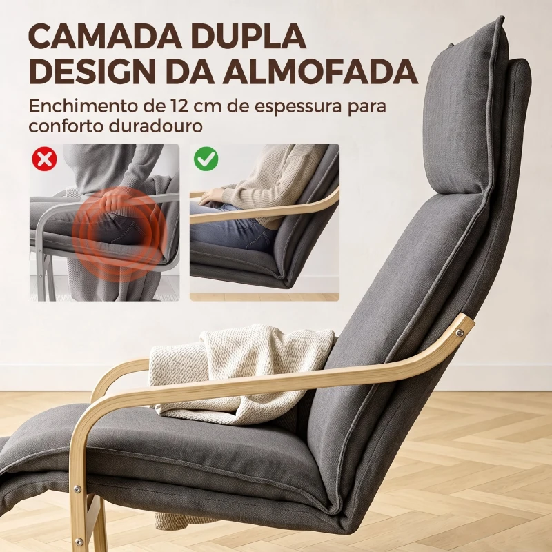 HOMCOM Poltrona de Sala em Tecido Efeito Linho com Apoio para os Pés, Baloiço Suave, Encosto Alto e Assento Largo, Cinzento Escuro