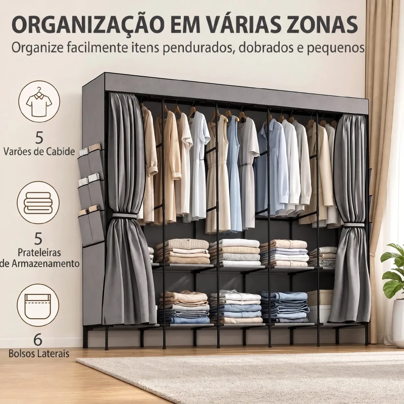HOMCOM Roupeiro de Tecido com 5 Varões 5 Prateleiras 6 Bolsos Laterais Fecho de Correr Estrutura em Aço 212x45x167 cm Cinza