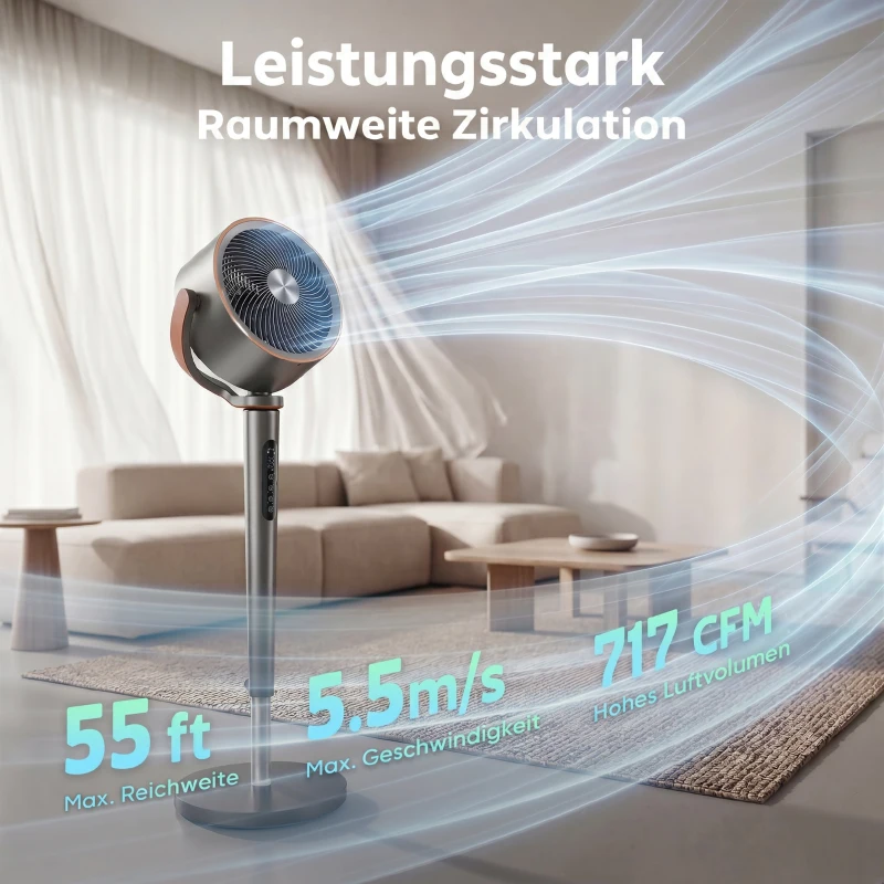HOMCOM Standventilator Luftzirkulator Lüfter mit 12 Geschwindigkeitsstufen LED-Display Fernbedienung 70°+90° Oszillation Grau
