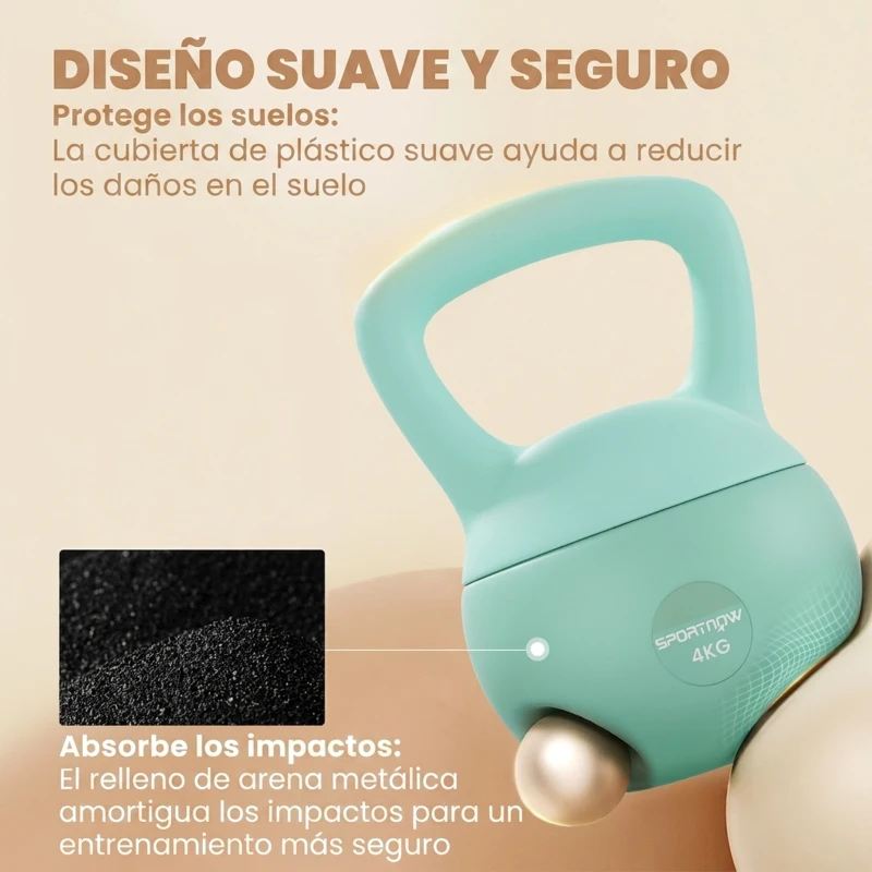 SPORTNOW Pesa Rusa 4 kg Kettlebell Relleno de Arena Metálica y Mango Antideslizante para Entrenamiento en Casa 19x15x25 cm Verde