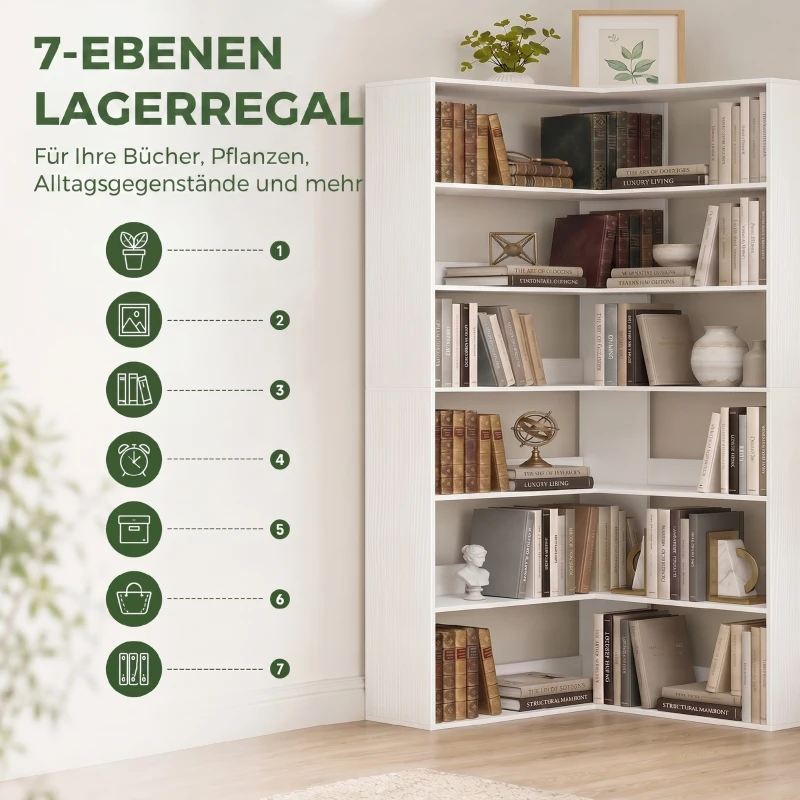 HOMCOM Bücherregal mit 7 Ebenen, L-förmiges Eckrega mit rutschfestem Rückenschutz, Weiß mit Holzoptik