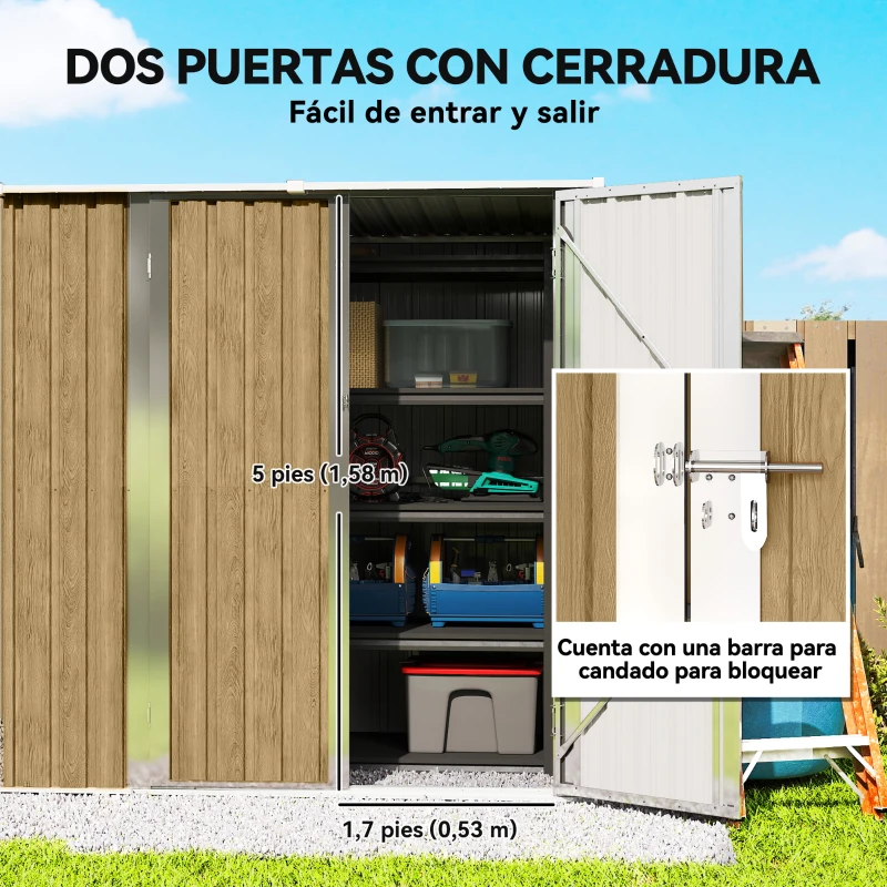 Outsunny Cobertizo de Jardín Exterior Metálico 1,37 m² 163x89x163 cm con Techo Inclinado, Puertas con Pestillo y Guantes Marrón