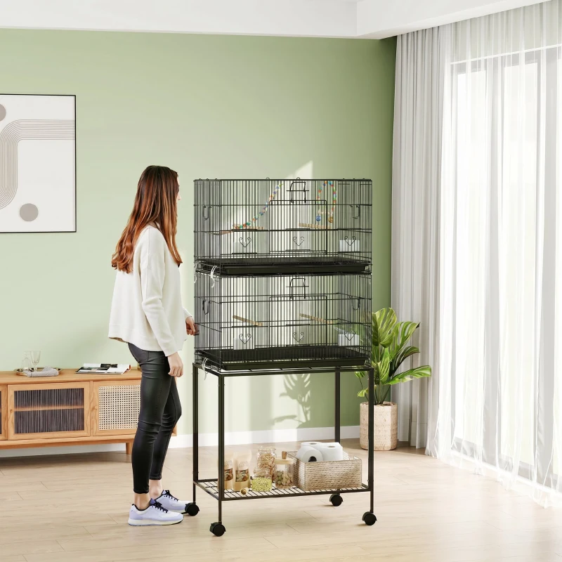 PawHut Cușcă pentru Păsări din Oțel și PP, Design Suprapus cu Stinghii, Leagăne și Scărițe, 77x46x164 cm, Negru