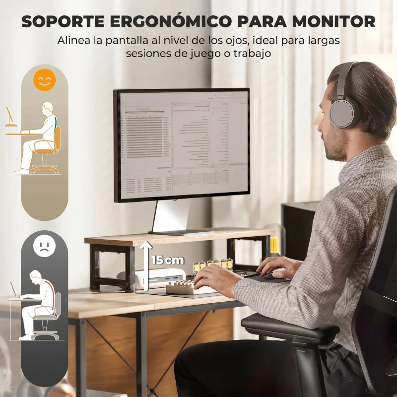 HOMCOM Escritorio Esquinero Reversible en L Largo 168-240 cm Industrial con Soporte Monitor y CPU Estantería Bolsillo Natural