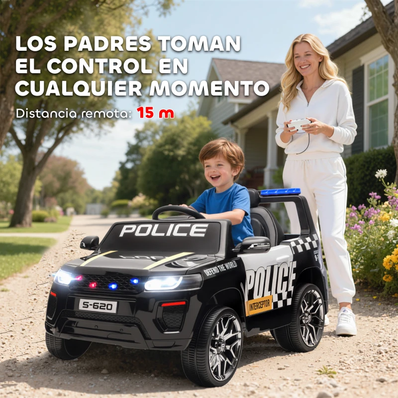 AIYAPLAY Coche Eléctrico para Niños de Policía con Mando a Distancia Motor Doble Sirena Suspensión en 4 Ruedas y Faros Negro