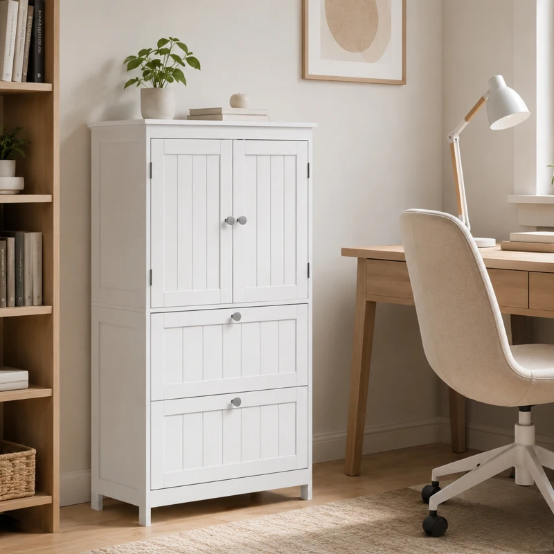 HOMCOM Armário de banheiro com 2 gavetas, autoportante, com prateleira ajustável e portas com acabamento lamelado, Branco