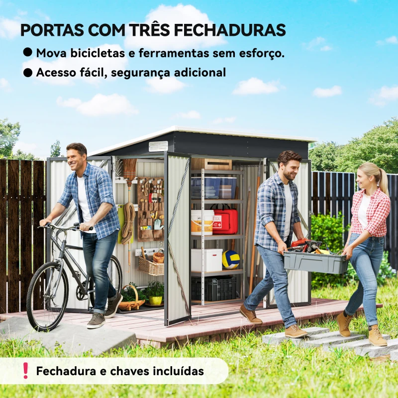 Outsunny Abrigo de Jardim Exterior 2,7 m² 234x132x185 cm com Três Portas Fechadura e Grelhas de Ventilação Cinzento