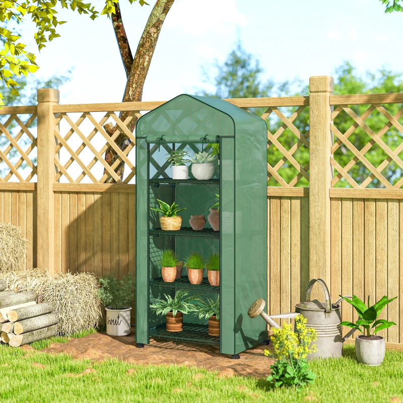 Outsunny Invernadero de Exterior con 4 Estantes Ruedas Puerta Enrollable Cubierta de PE y Marco de Acero 69x50x165 cm Verde