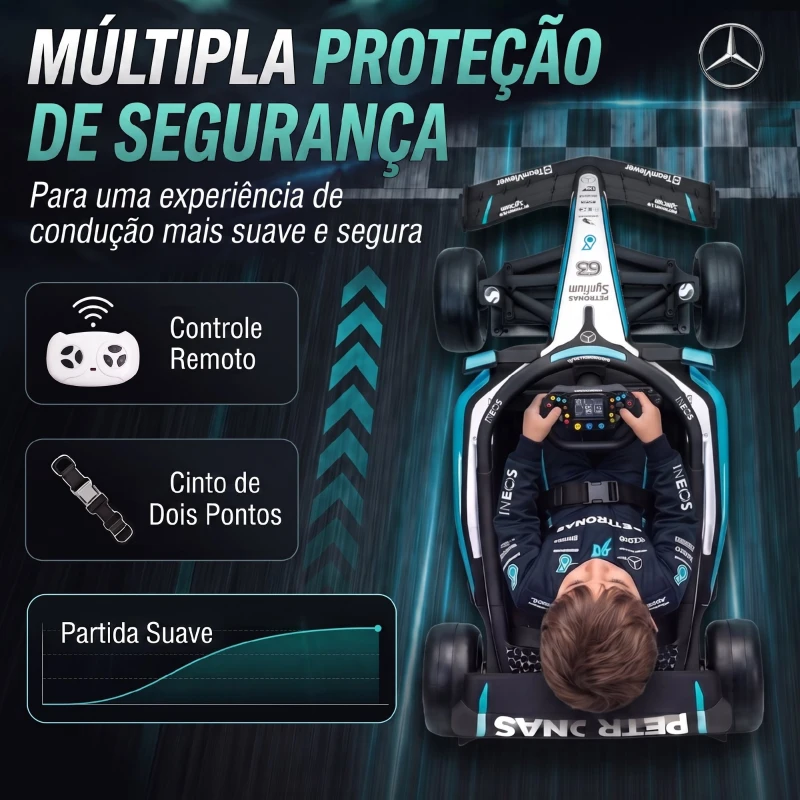 AIYAPLAY Go-Kart Elétrico Mercedes-AMG PETRONAS F1 com Licença Controle Remoto Suspensões Traseiras Partida Suave