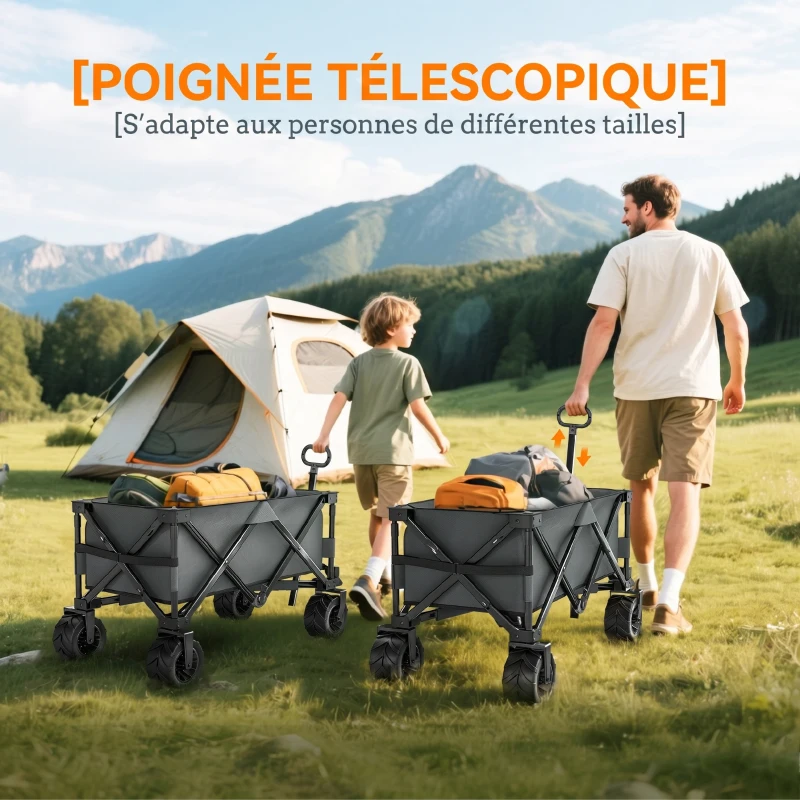 Outsunny Chariot à roulettes pliable chariot de transport à roulettes charge 70 kg poignée télescopique 108 x 55 cm gris foncé