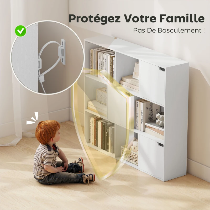 HOMCOM Bibliothèque étagère de rangement 9 cubes avec 3 portes et 6 compartiments ouverts, 106 x 24 x 95 cm, blanc
