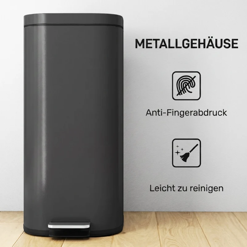 HOMCOM 30L Küchenmülleimer Pedaleimer mit Deckel, Soft-Close- und Offenhalte-Funktion für Küche, Zuhause