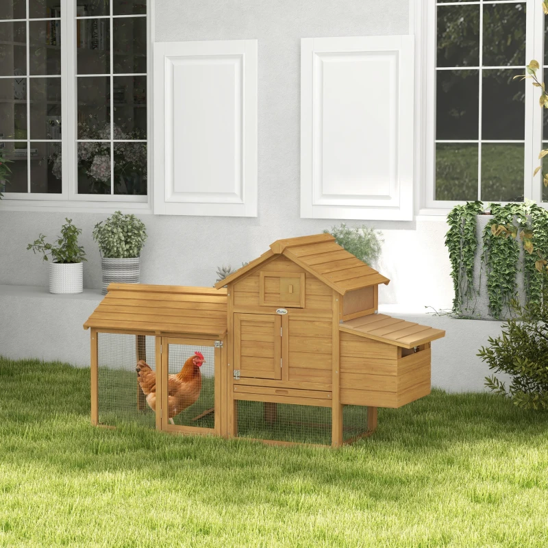 PawHut Hühnerstall Hühnerhaus aus Holz 151,5 x 54 x 87 cm, Freilaufgehege mit 2 Ebenen, 2 Türen, Nistkasten, wasserfestem Dach, Auslauf, Rampe, Hühnergehege für Garten, Natur
