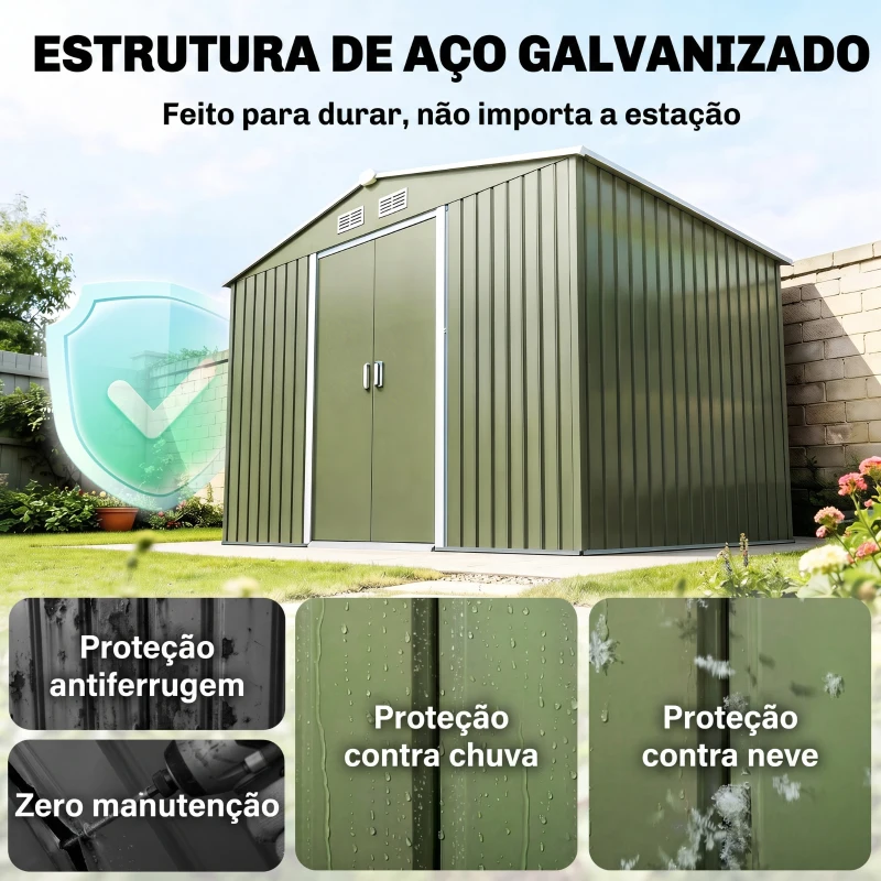 Outsunny Abrigo de Jardim 4,83m² 277x195x192cm Abrigo Metálico para Armazenamento de Ferramentas com Base de Reforço Incluída Verde Claro