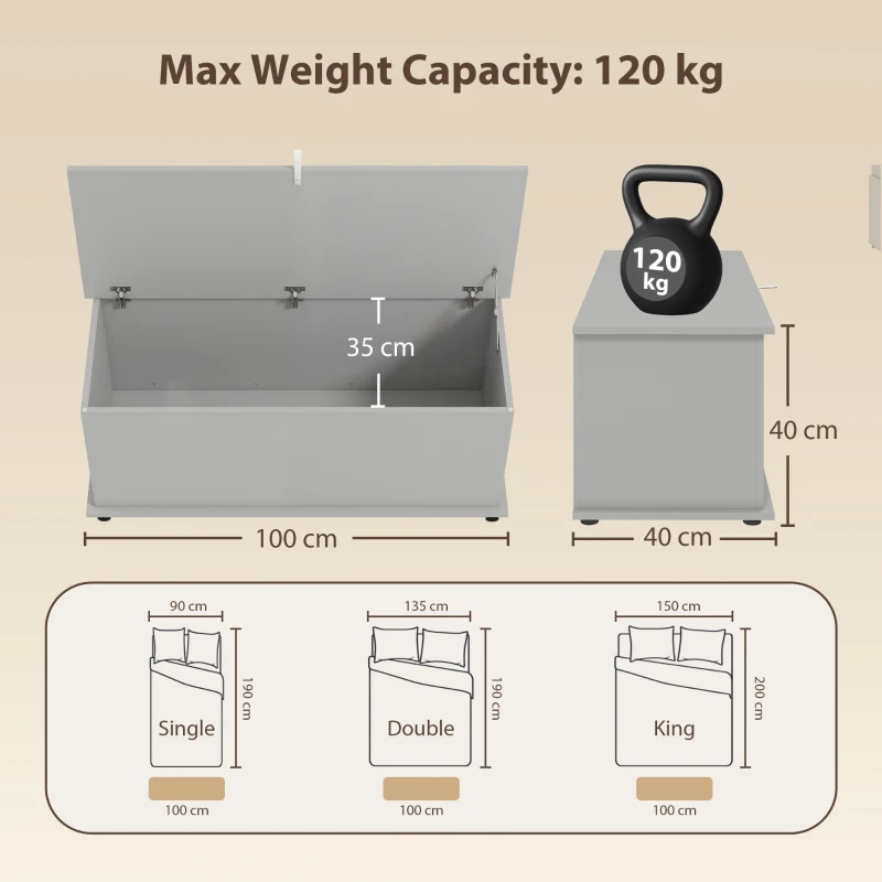 HOMCOM Coffre de rangement, banc de rangement avec couvercle rabattable et charnières de sécurité, 100 x 40 x 40 cm, gris
