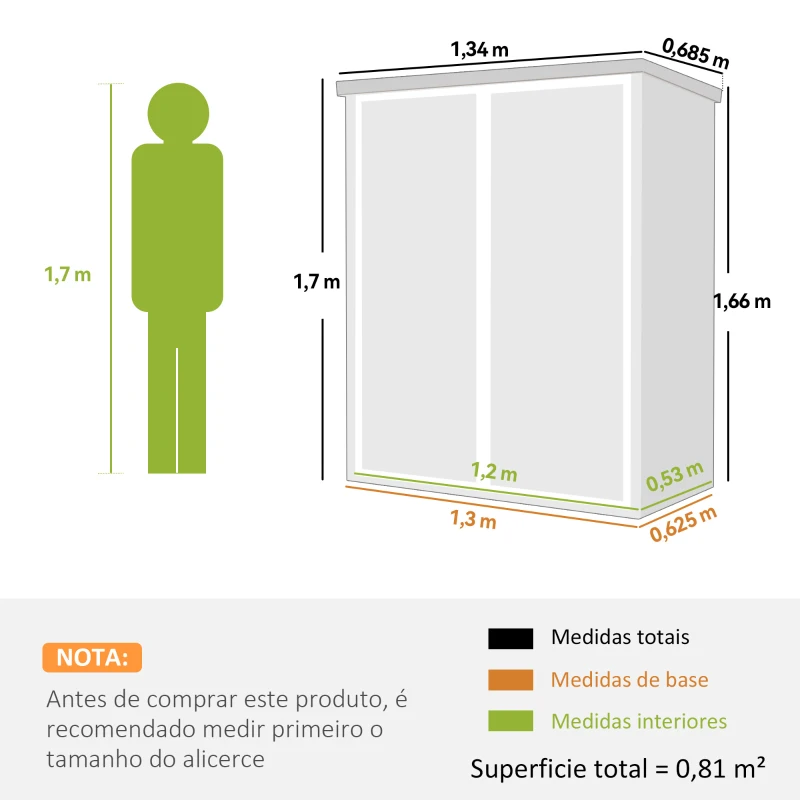 Outsunny Abrigo de Jardim 0,81 m² 134x68,5x170 cm em Plástico com Solo 2 Prateleiras Dobráveis Portas Duplas com Fecho Cinzento
